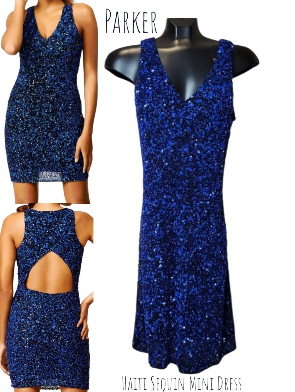 Parker Women's Haiti Sequin Mini Cocktail Dress Blue Sleeveless Cut Out Back S